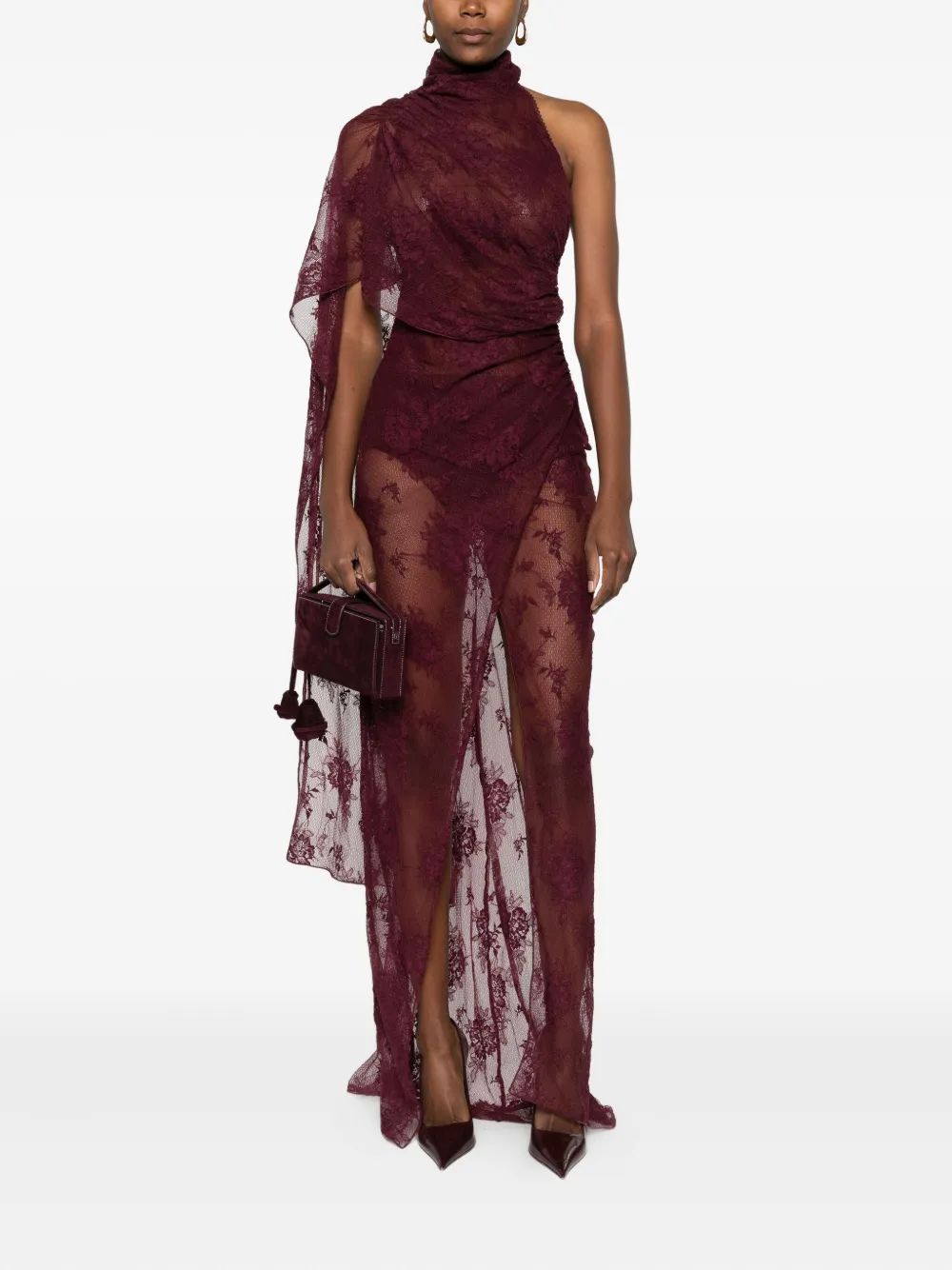 The Andamane Lace Draped Maxi Dress In Red