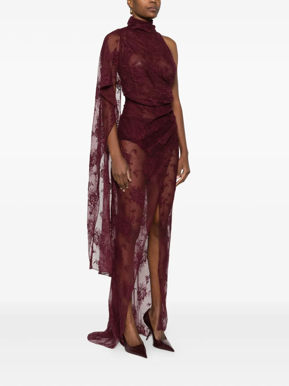 The Andamane Lace Draped Maxi Dress In Red