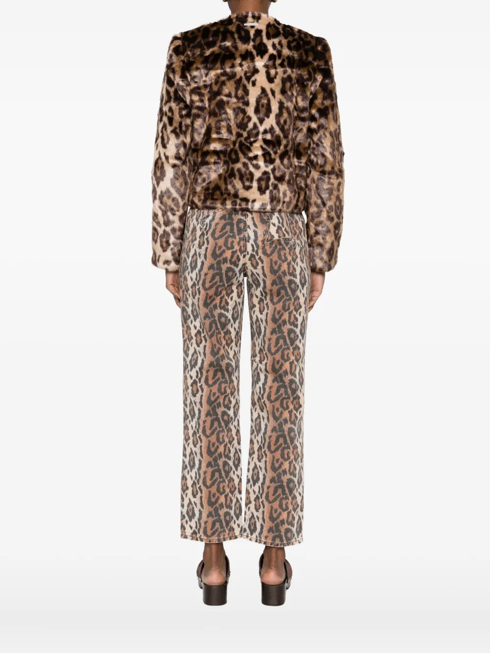 House Of Sunny Collarless Leopard Print Faux Fur Jacket-green In Brown