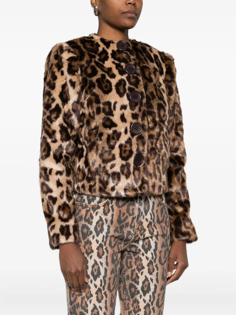 House Of Sunny Collarless Leopard Print Faux Fur Jacket-green In Brown