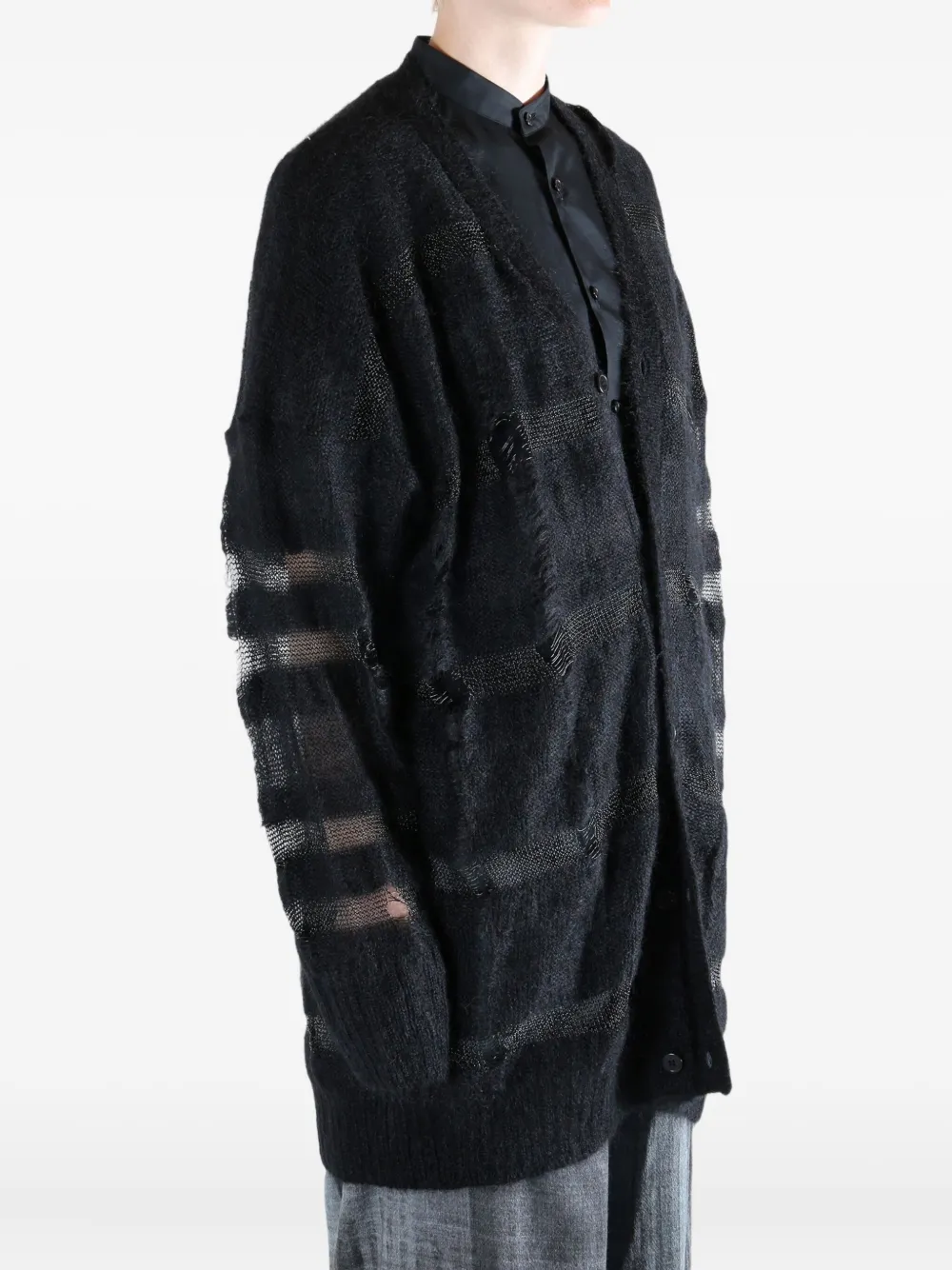 Yohji Yamamoto Striped Distressed Cardigan In Black