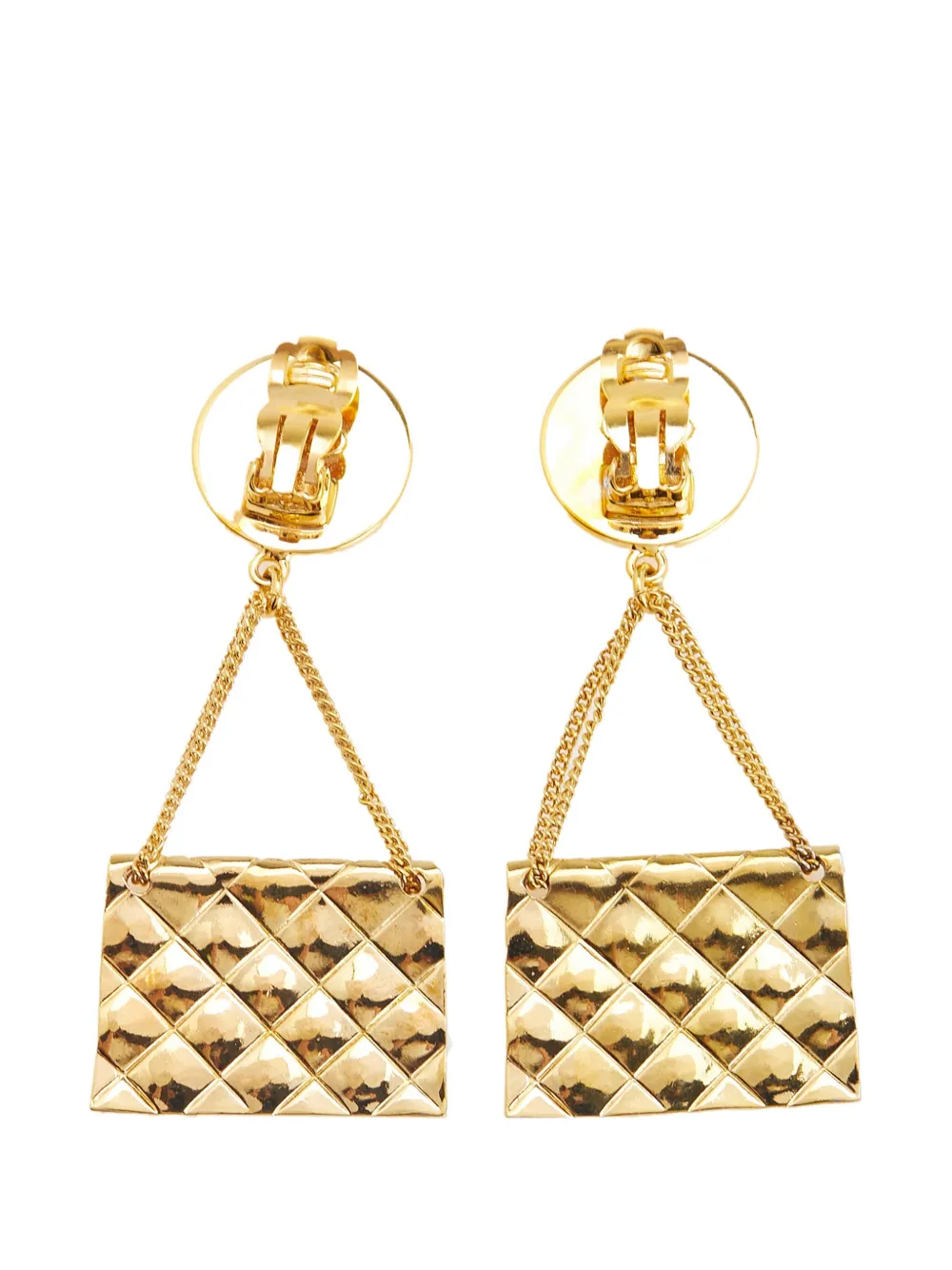 Pre-owned Chanel 1995 Gold Plated Flap Bag Drop Clip On Earrings Costume Earrings