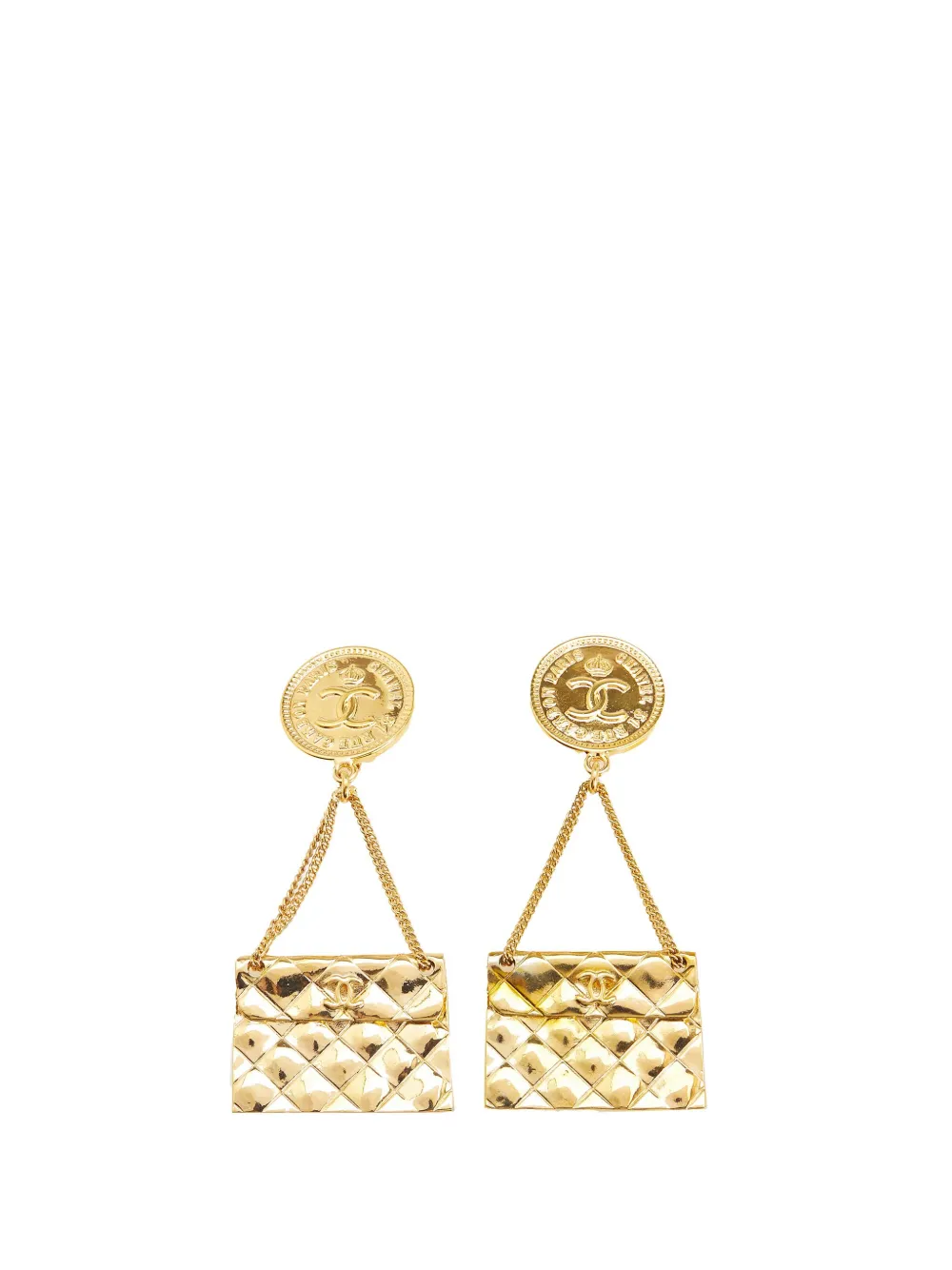 CHANEL Pre-Owned 1995 Gold Plated Flap Bag Drop Clip On Earrings CHANEL Pre-Owned 1995 Gold Plated Flap Bag Drop Clip On Earrings