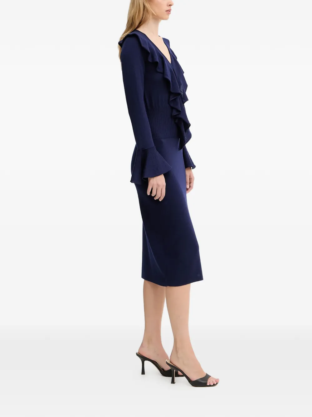 LUISA SPAGNOLI Malimba midi-jurk met ruches en V-hals Blauw