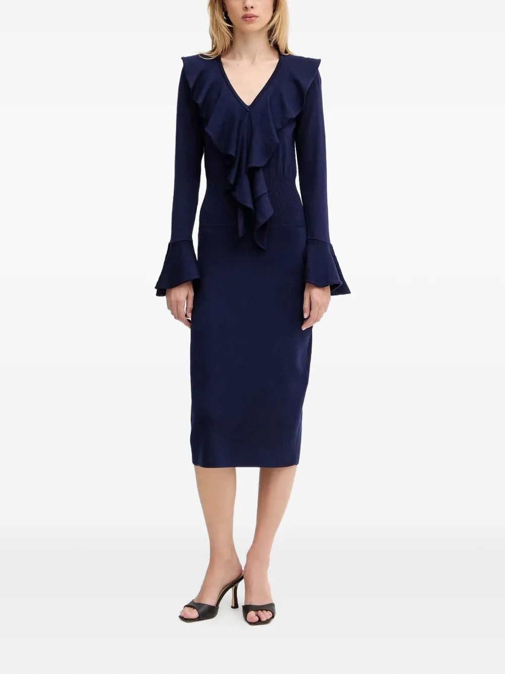 LUISA SPAGNOLI Malimba midi-jurk met ruches en V-hals Blauw