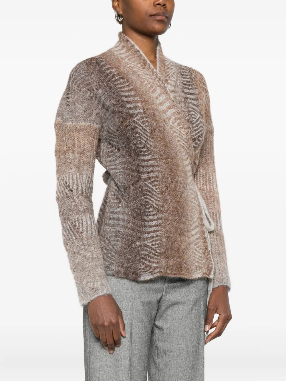 Kangra Cashmere Tie-waist Patterned Cardigan In Brown