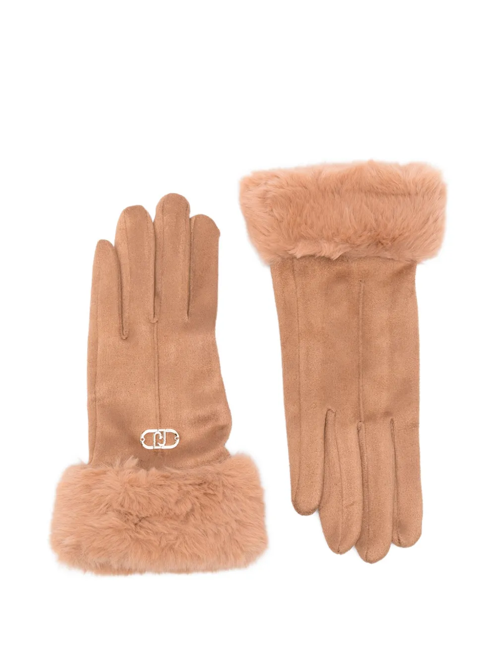 Liu •jo Logo-plaque Faux-fur Gloves In Brown