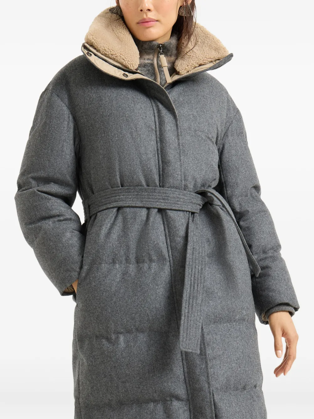 Brunello Cucinelli Flanellen donsjas met lammy kraag Grijs