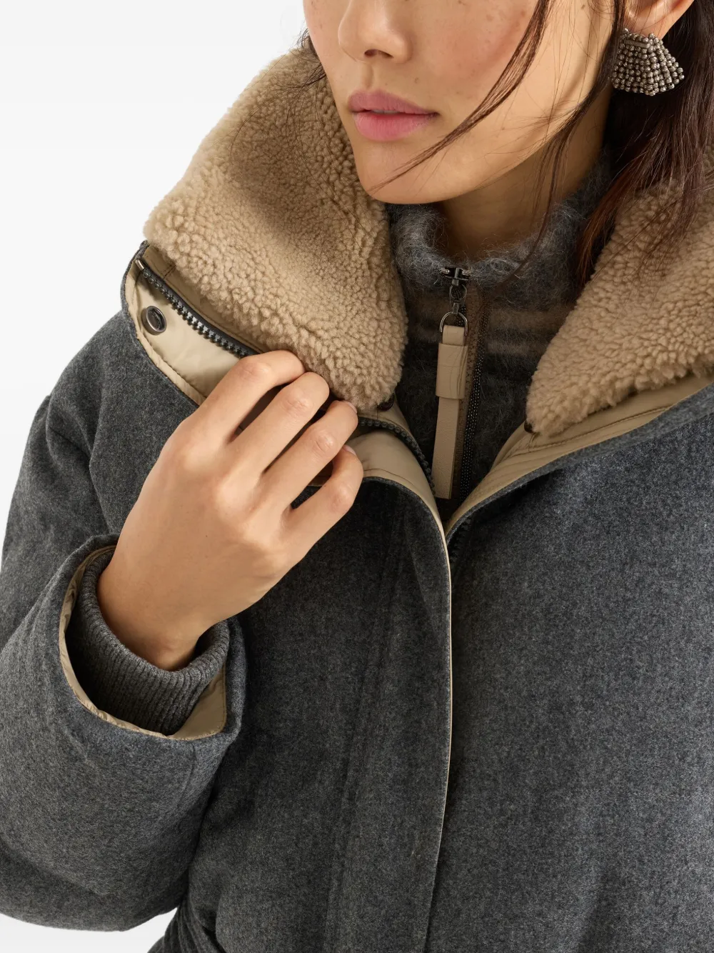 Brunello Cucinelli Flanellen donsjas met lammy kraag Grijs