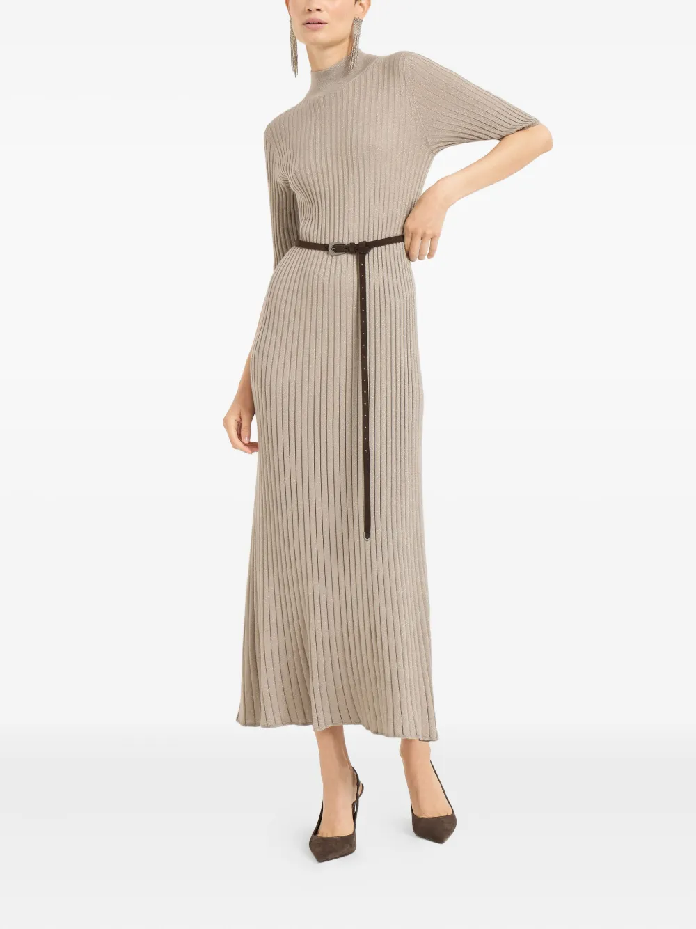 Brunello Cucinelli Mock-neck Midi Dress In Neutral