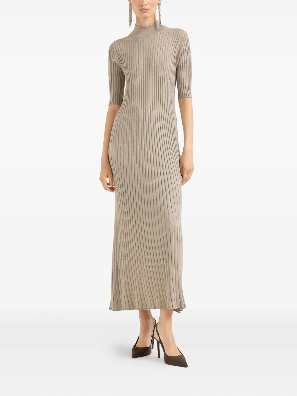 Brunello Cucinelli Mock-neck Midi Dress In Neutral