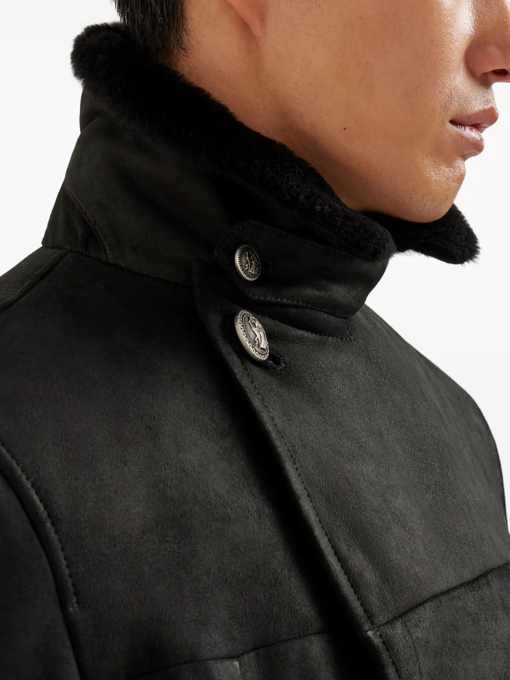Brunello Cucinelli Shearling-collar Double-breasted Coat In Black