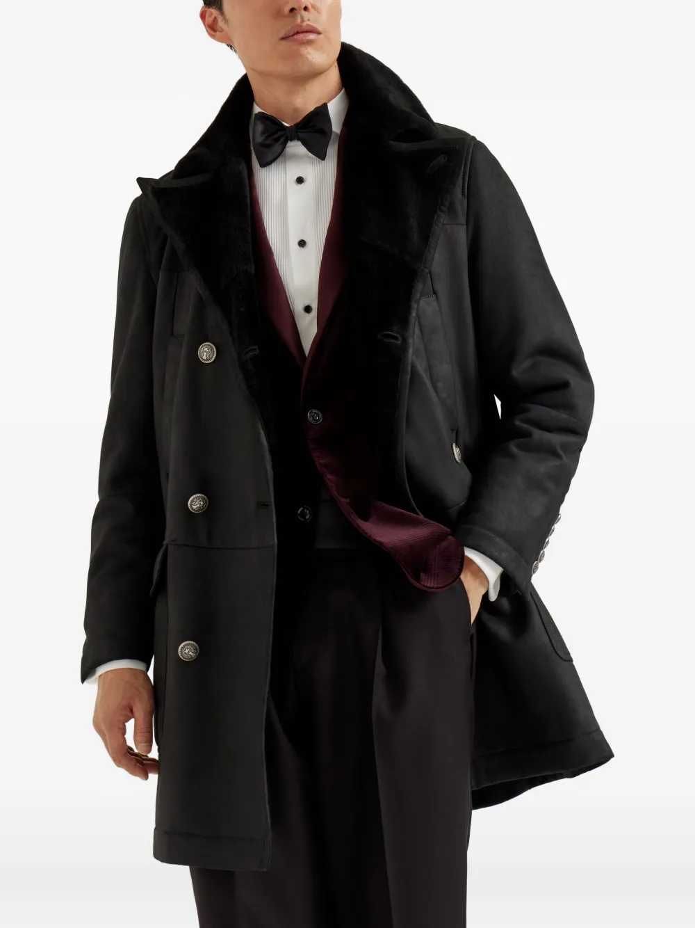 Brunello Cucinelli Shearling-collar Double-breasted Coat In Black