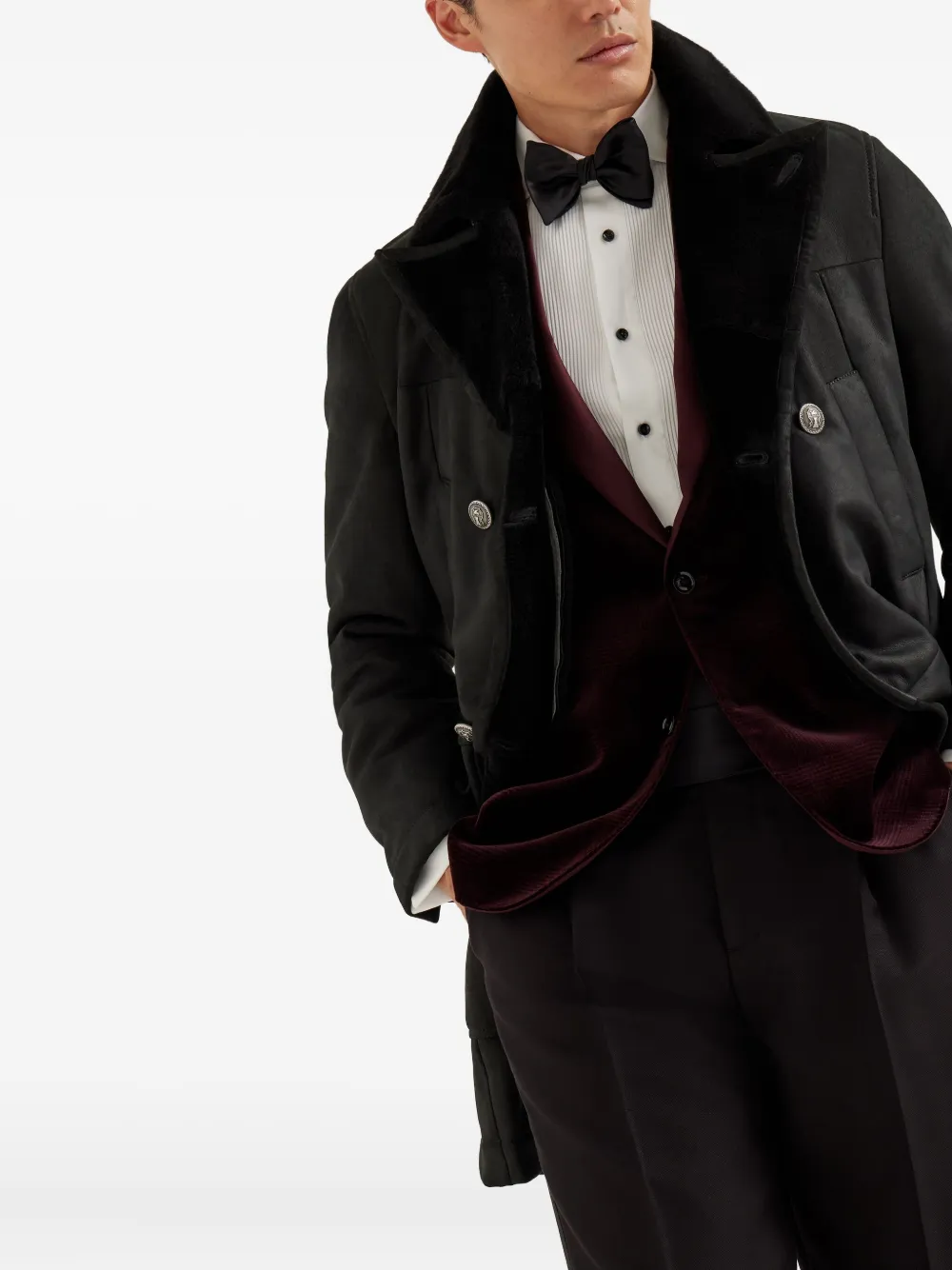 Brunello Cucinelli Shearling-collar Double-breasted Coat In Black