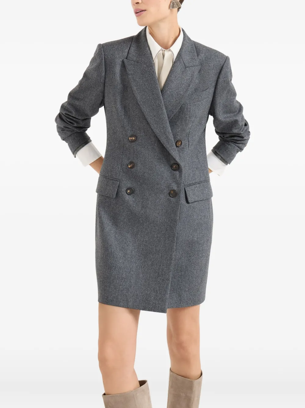 Brunello Cucinelli Flannel Blazer Dress With Monili In Gray