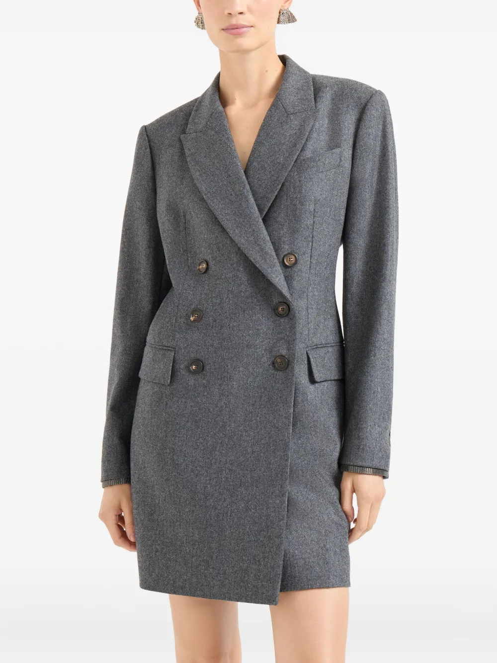Brunello Cucinelli Flannel Blazer Dress With Monili In Gray