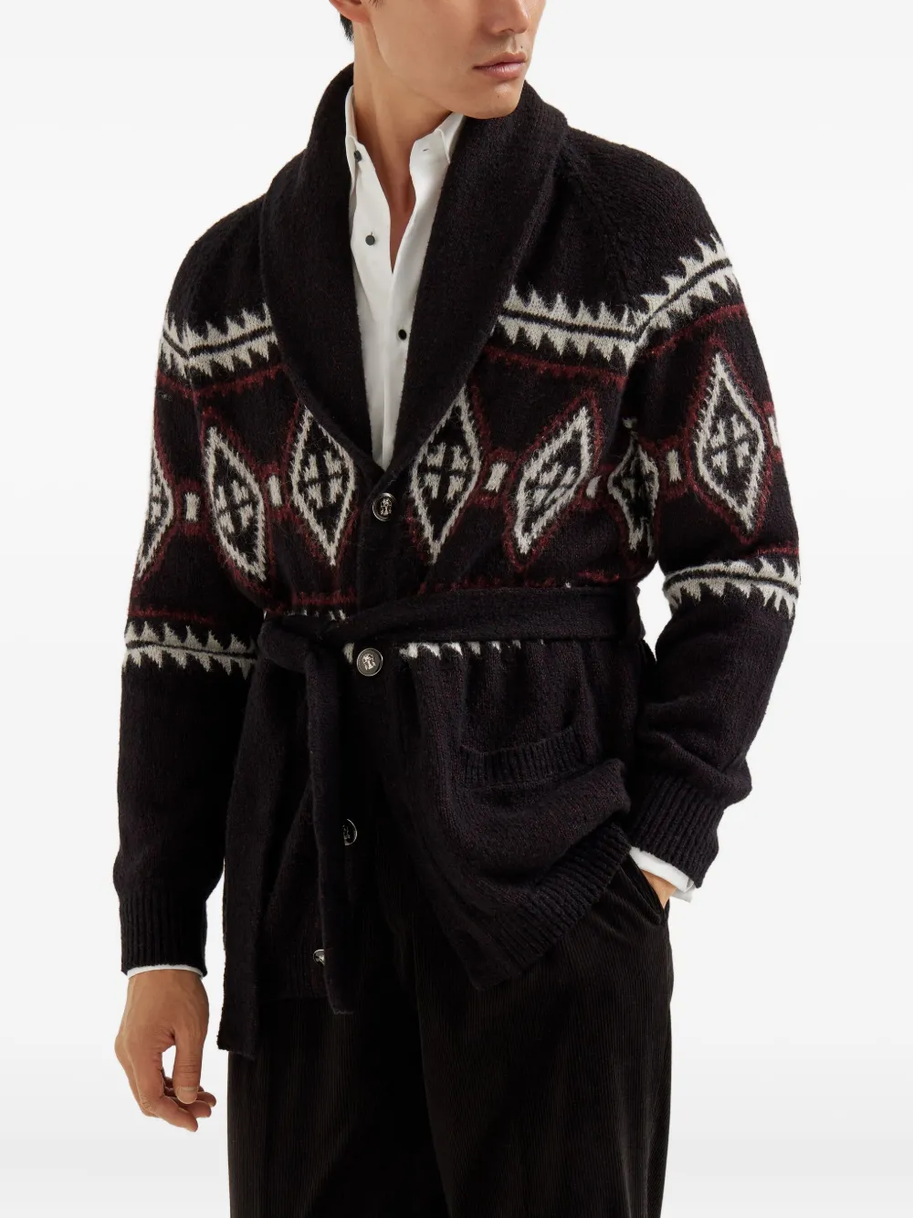 Brunello Cucinelli Vest met geometrisch jacquard en ceintuur Zwart