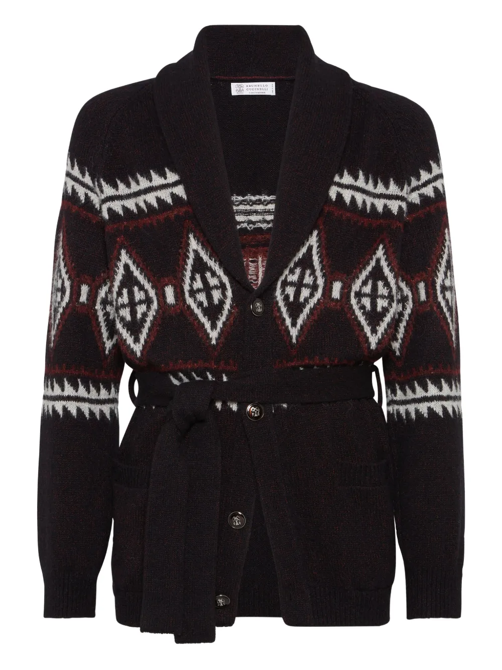 Brunello Cucinelli geometric-jacquard belted cardigan | Black | Image 1