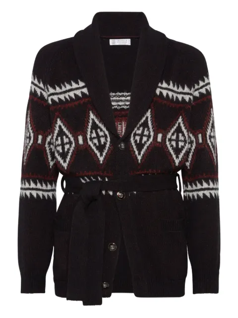 Brunello Cucinelli geometric-jacquard belted cardigan
