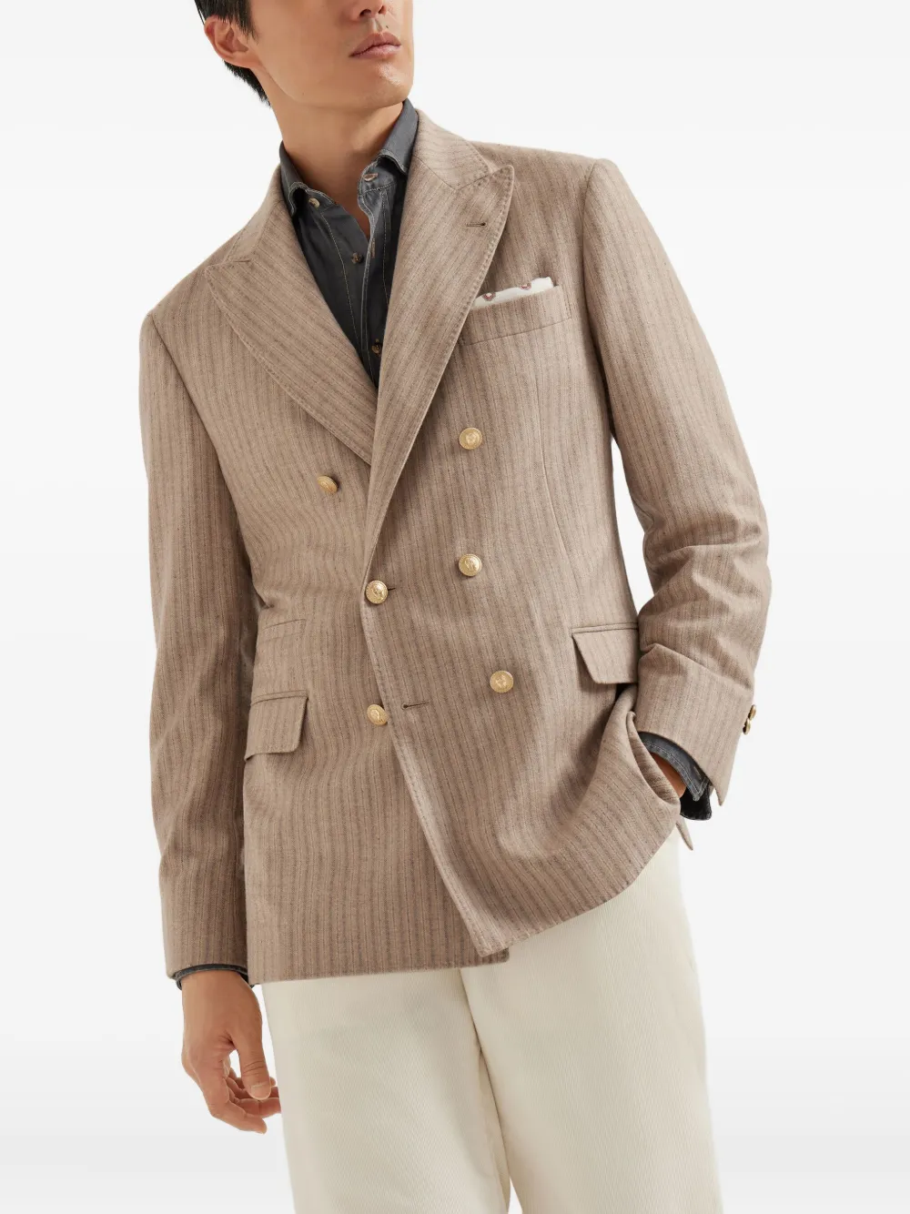 Brunello Cucinelli Gestreepte blazer met dubbele rij knopen Beige