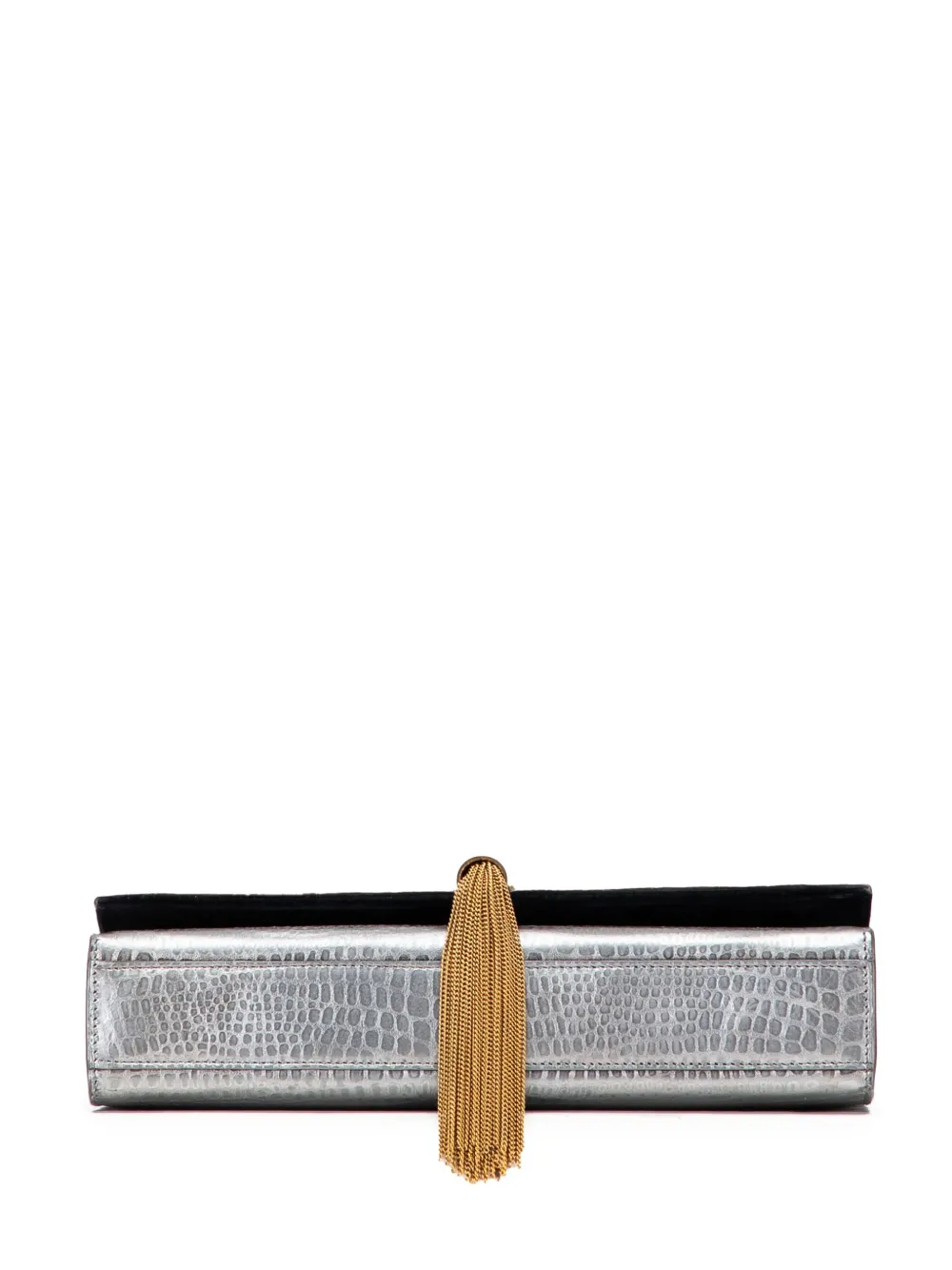 Pre-owned Saint Laurent 2016 Medium Croc Embossed Leather Kate Tassel Crossbody Bag In Silver