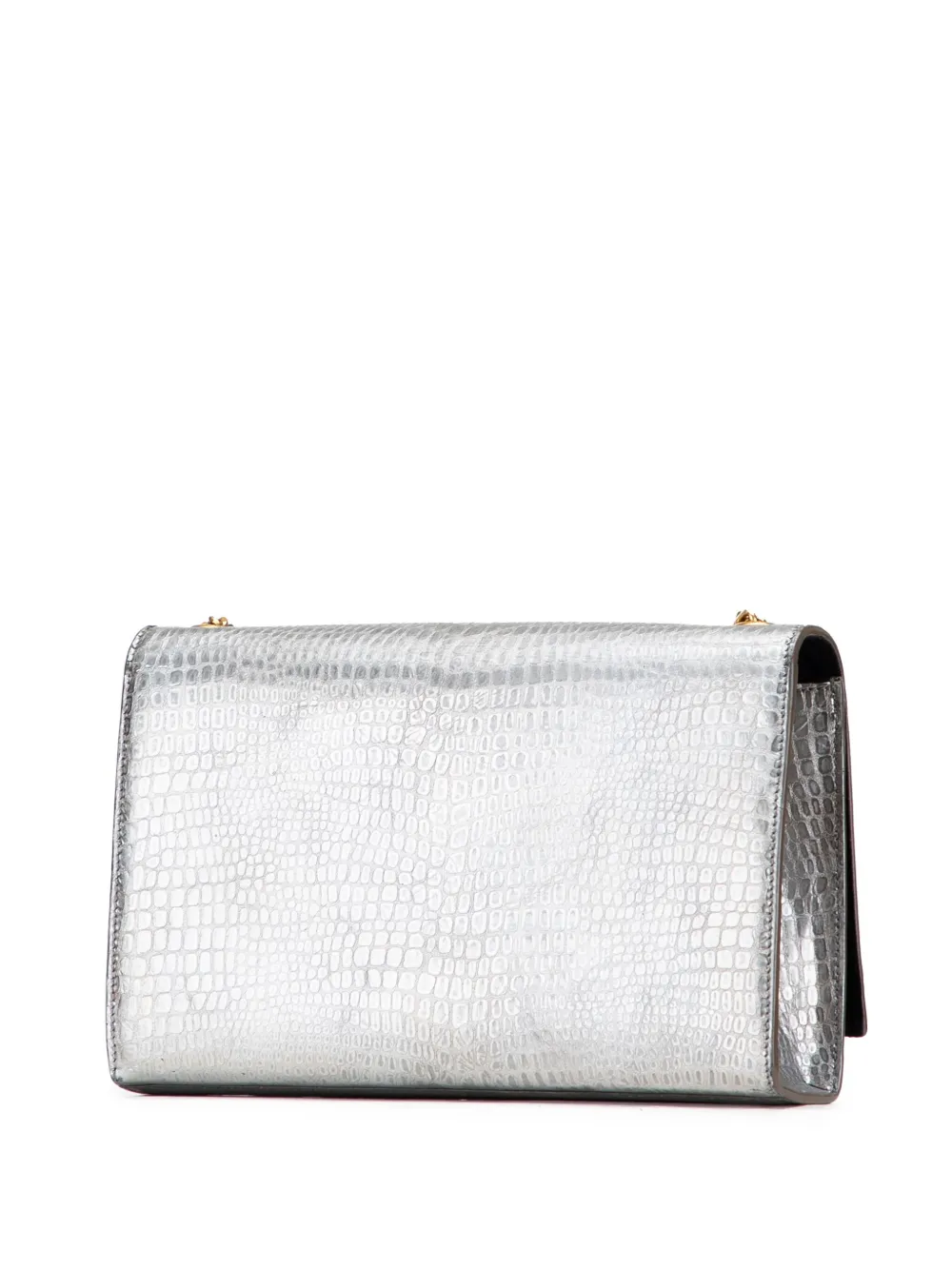 Pre-owned Saint Laurent 2016 Medium Croc Embossed Leather Kate Tassel Crossbody Bag In Silver