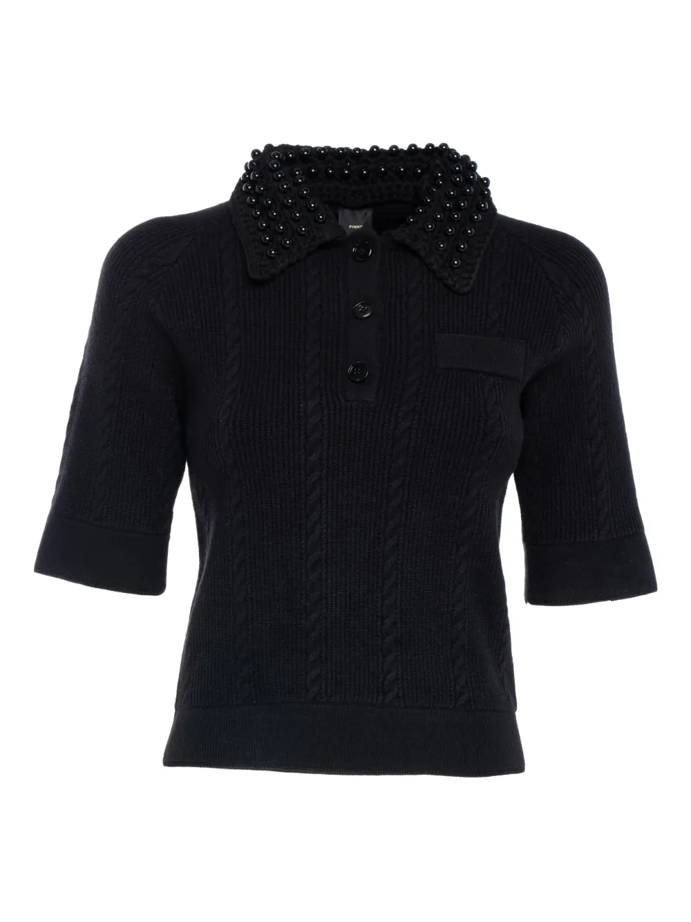 PINKO beaded-collar cable-knit knitted polo top - Nero