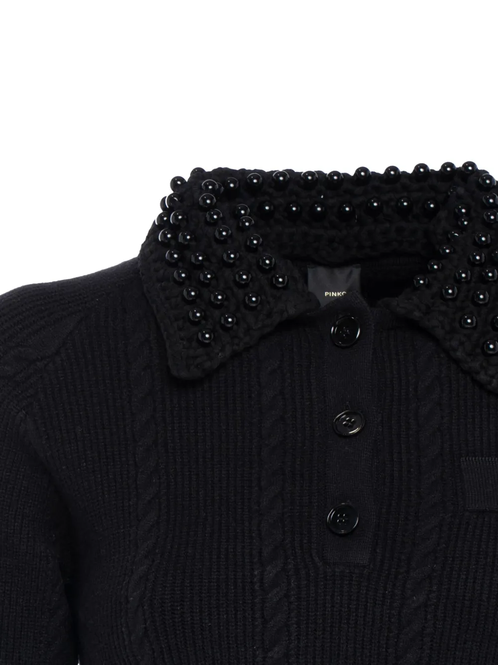 Pinko Beaded-collar Cable-knit Knitted Polo Top In Black