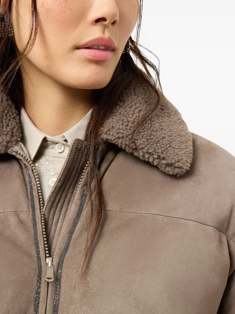 Brunello Cucinelli Bead-embellished Shearling-trimmed Padded Quilted Suede Down Jacket In Neutral