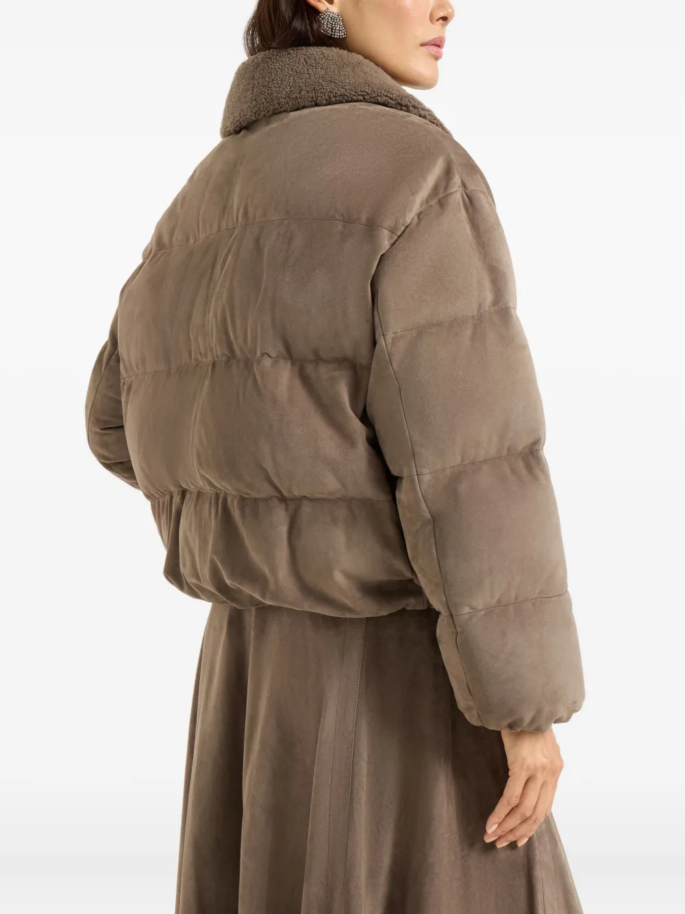Brunello Cucinelli Bead-embellished Shearling-trimmed Padded Quilted Suede Down Jacket In Neutral