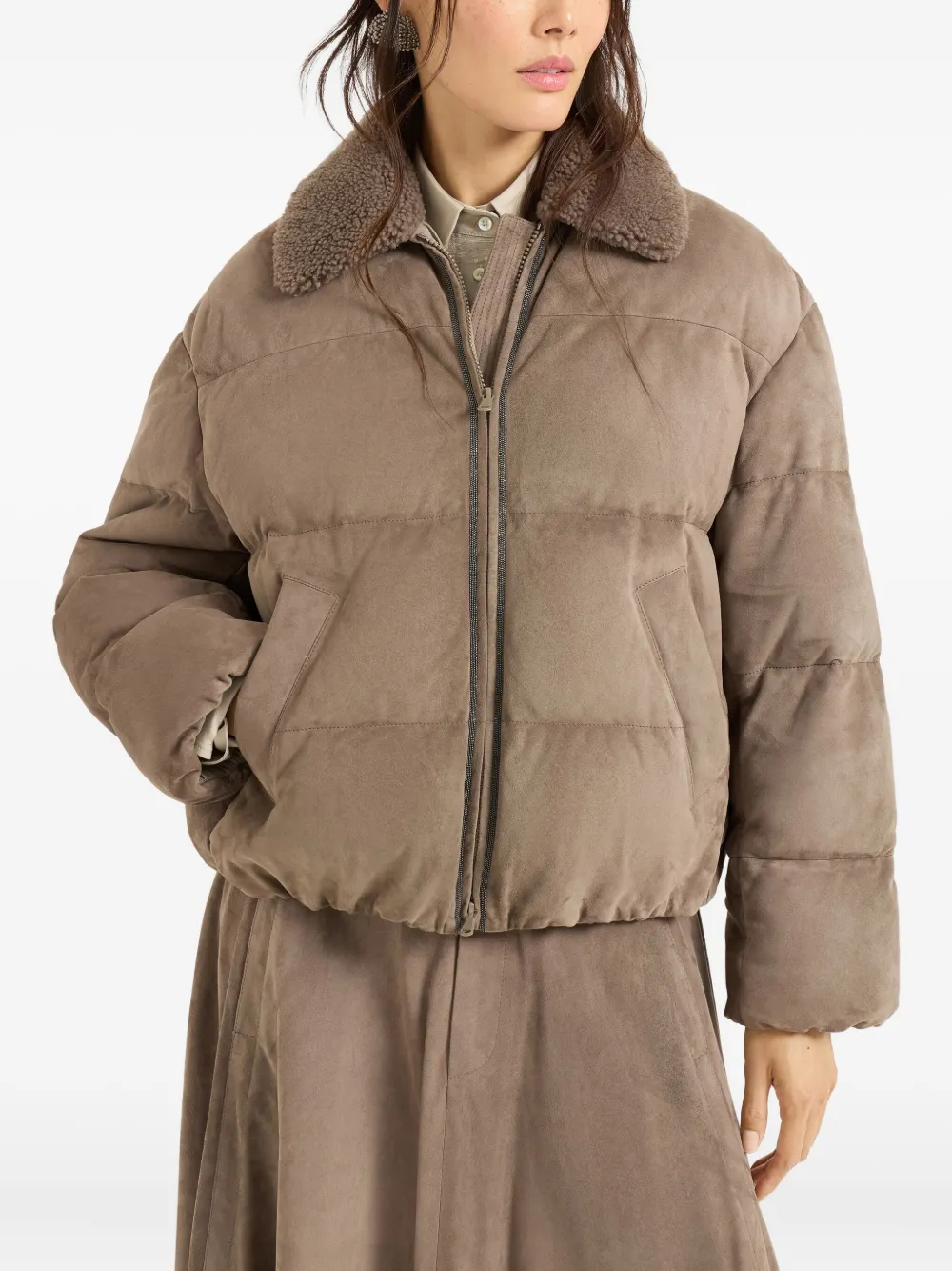 Brunello Cucinelli Bead-embellished Shearling-trimmed Padded Quilted Suede Down Jacket In Neutral