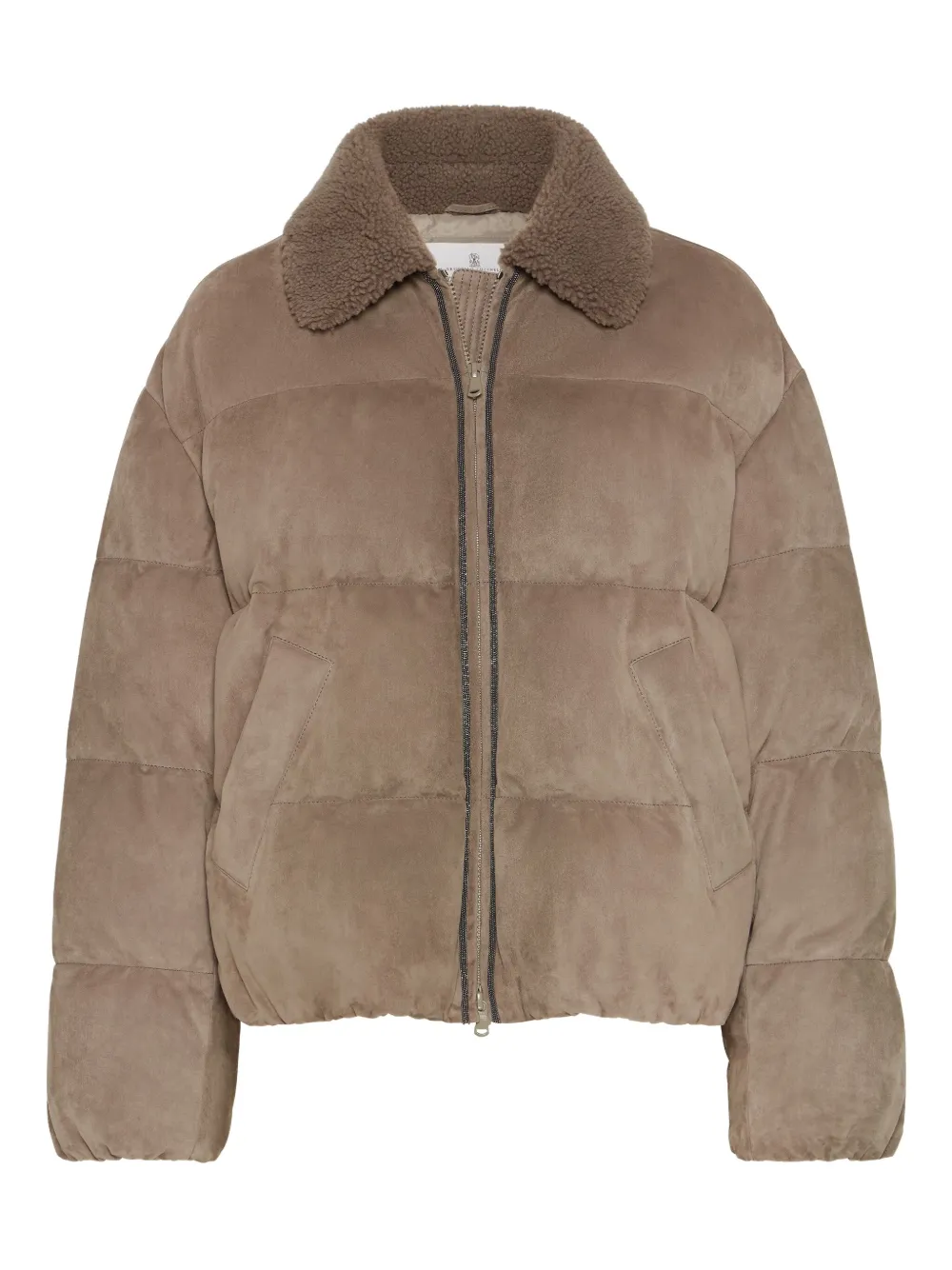 Brunello Cucinelli Bead-embellished Shearling-trimmed Padded Quilted Suede Down Jacket In Neutral