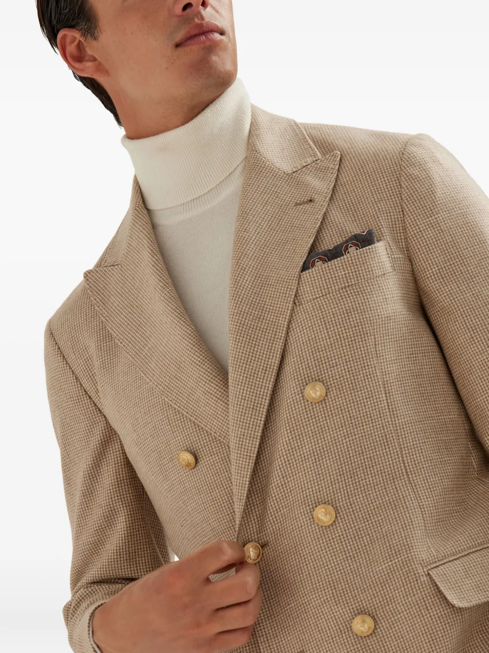 Brunello Cucinelli Blazer met dubbele rij knopen en pied-de-poule patroon Beige