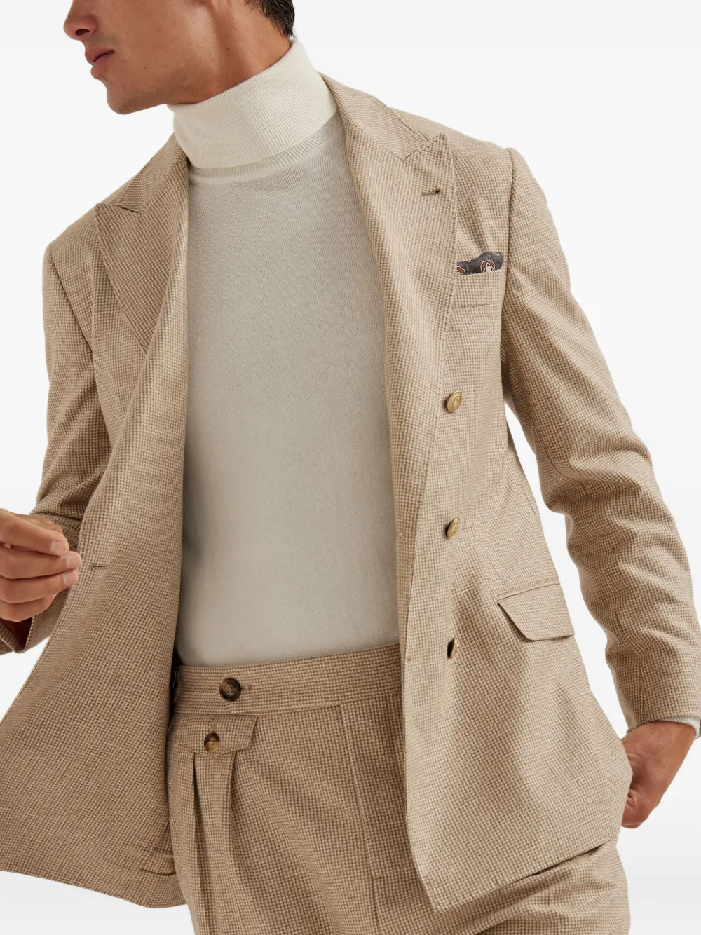 Brunello Cucinelli Blazer met dubbele rij knopen en pied-de-poule patroon Beige