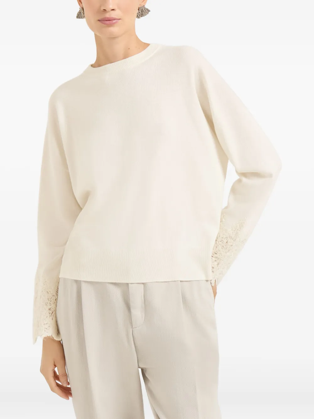 Brunello Cucinelli Cashmere Wispy Lace-cuff Sweater In White