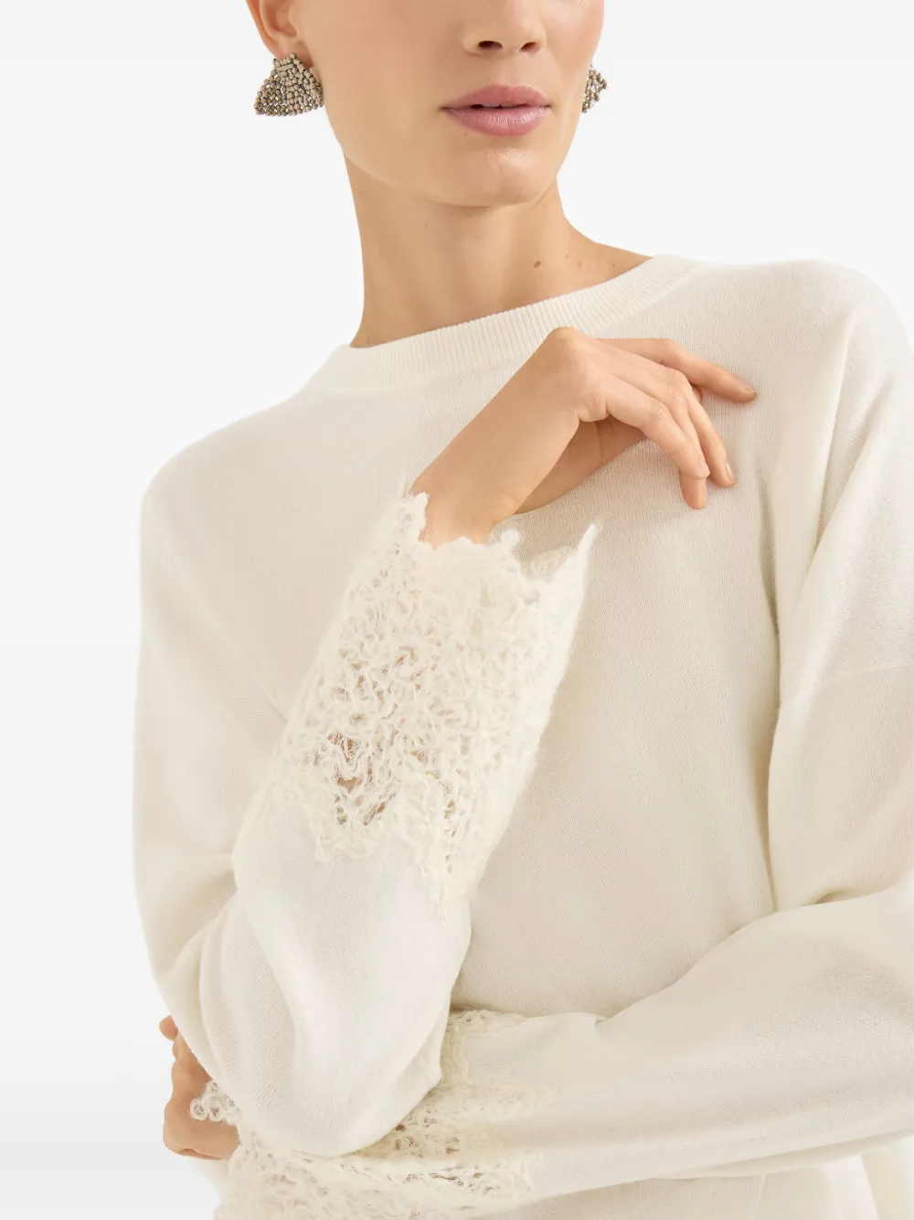 Brunello Cucinelli Cashmere Wispy Lace-cuff Sweater In White