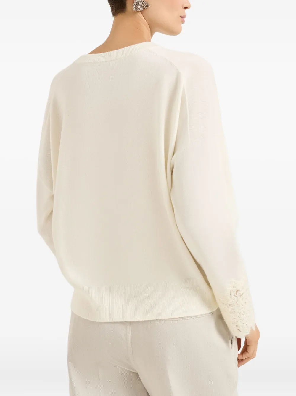 Brunello Cucinelli Cashmere Wispy Lace-cuff Sweater In White