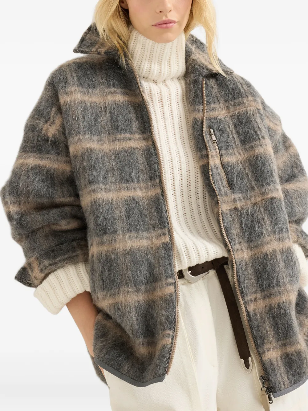 Brunello Cucinelli Jacquard Check Knit Outerwear Jacket In Multi