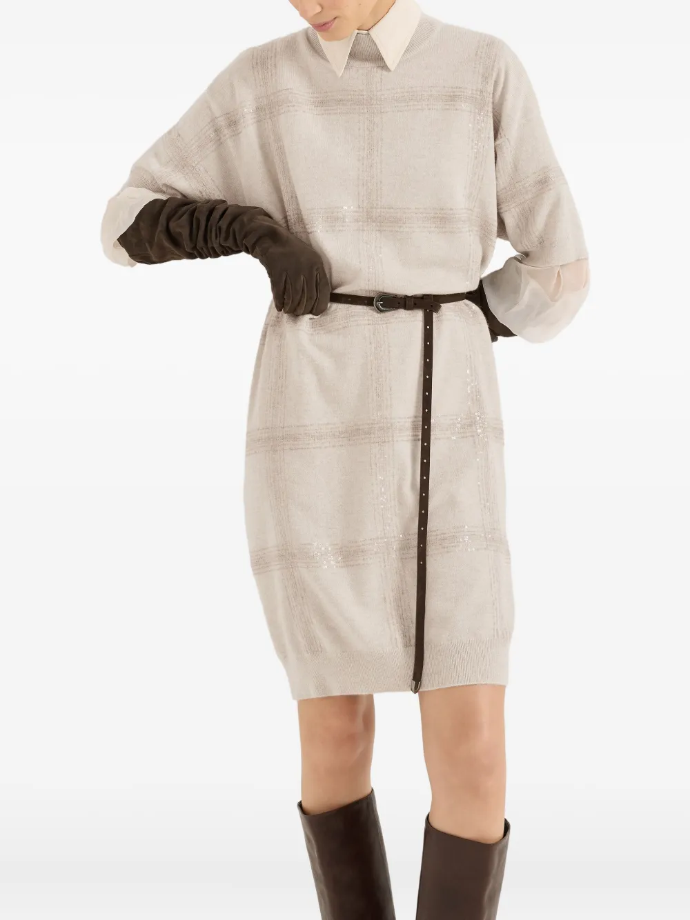Brunello Cucinelli Mock-neck Midi Dress In Neutral