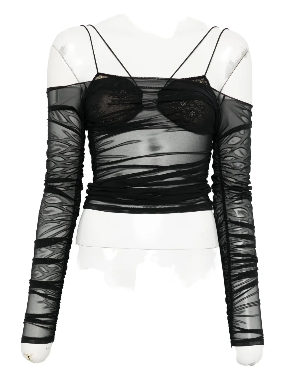 Amazuìn Semi-transparent Off-the-shoulder Top With Ruched Detailing In Black
