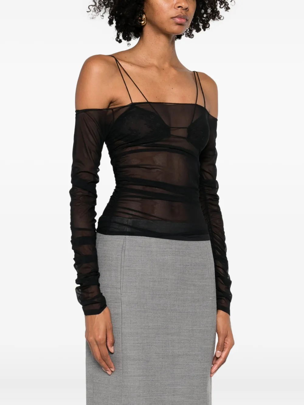 Amazuìn Semi-transparent Off-the-shoulder Top With Ruched Detailing In Black