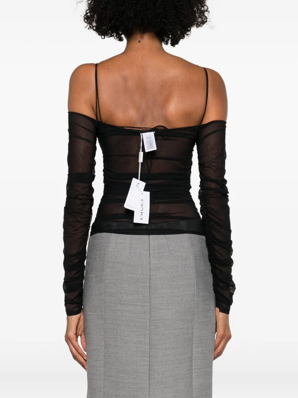 Amazuìn Semi-transparent Off-the-shoulder Top With Ruched Detailing In Black
