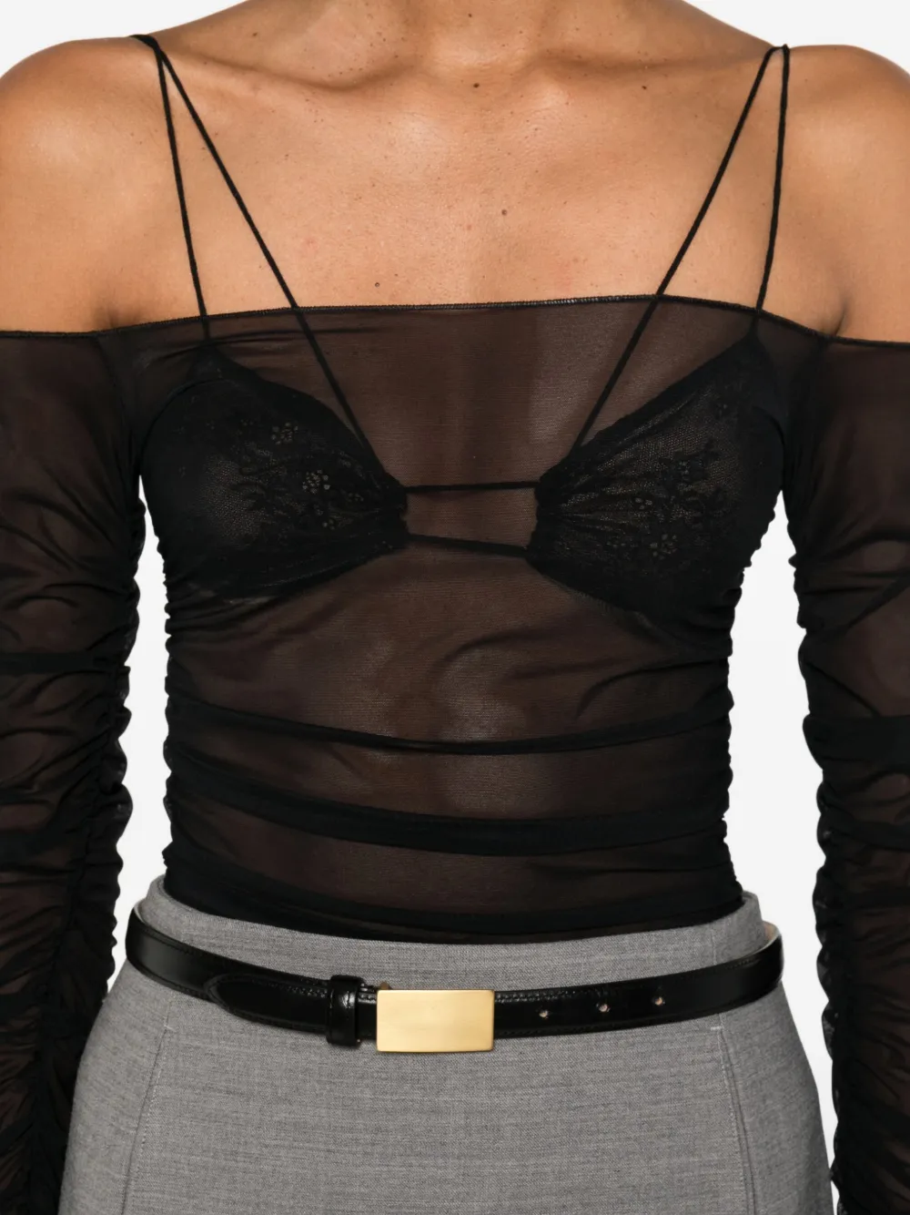Amazuìn Semi-transparent Off-the-shoulder Top With Ruched Detailing In Black