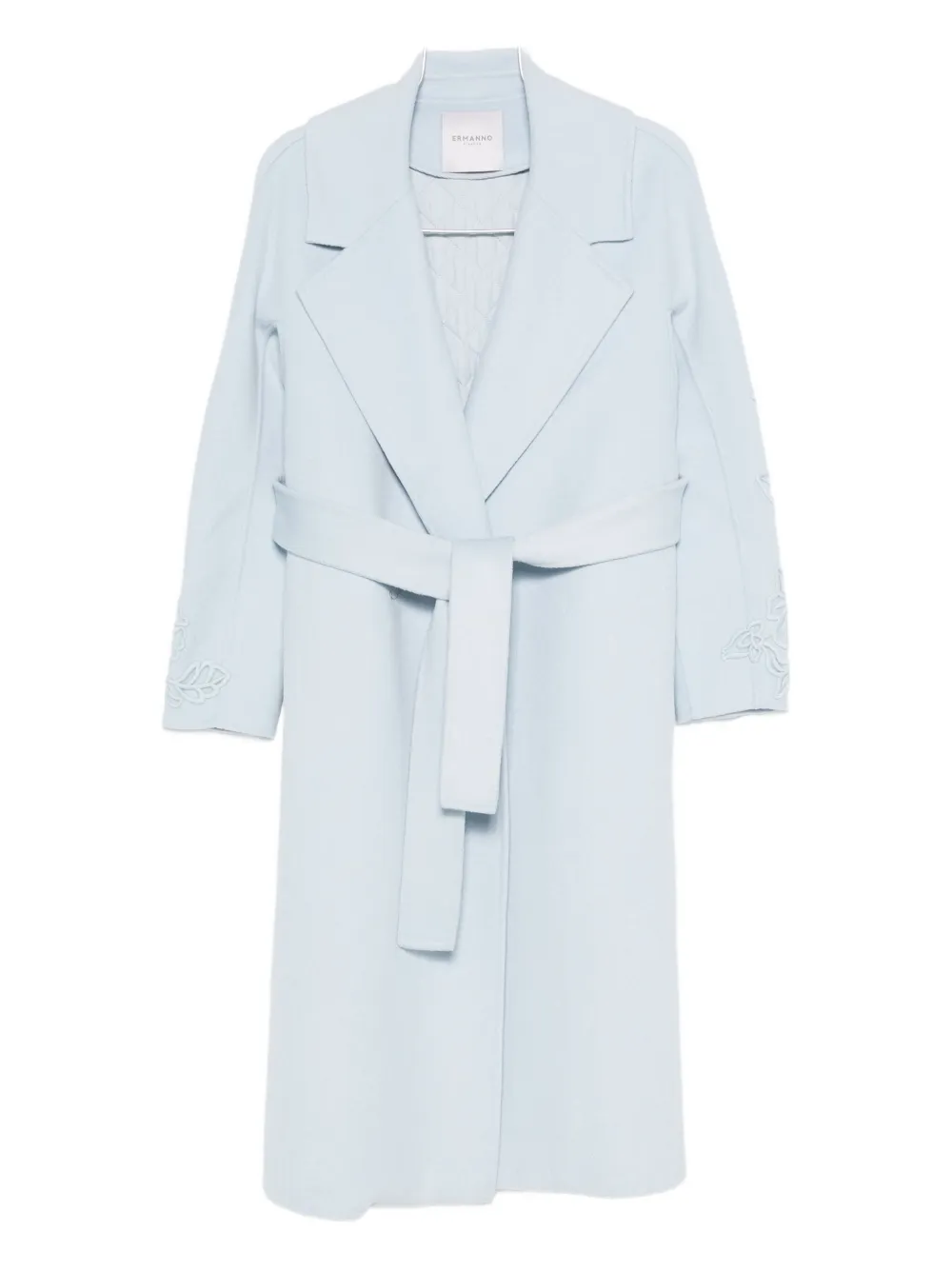 Ermanno Firenze Floral-embroidered Belted Coat In Blue