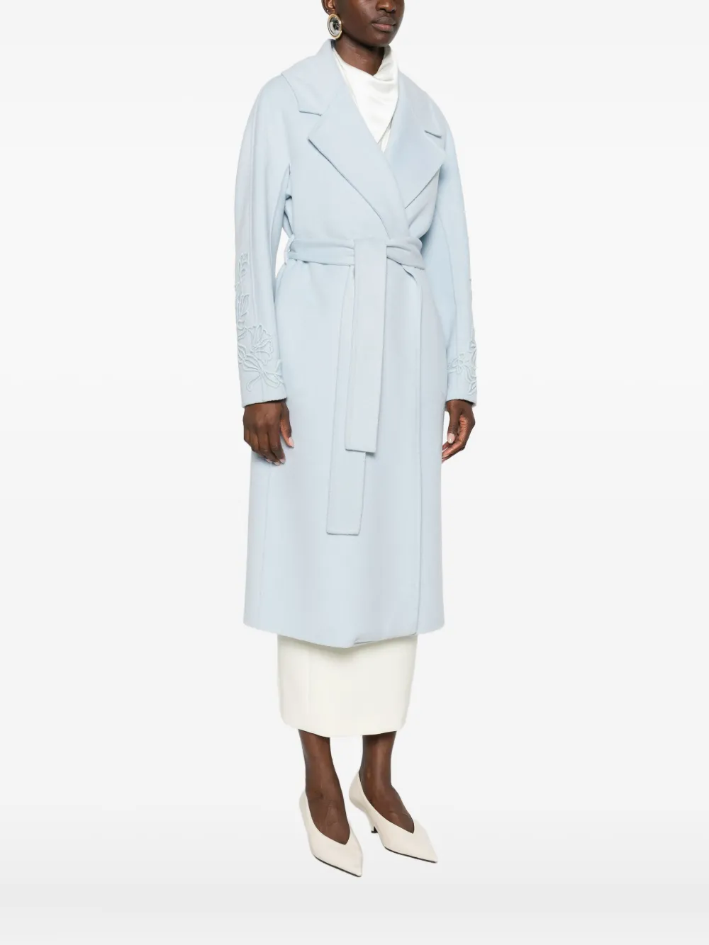 Ermanno Firenze Floral-embroidered Belted Coat In Blue