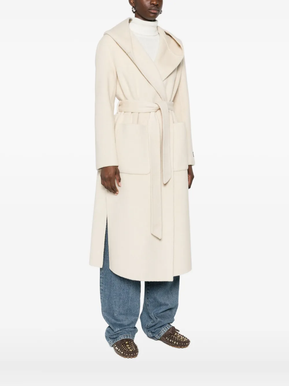 Ermanno Firenze Hooded Belted Coat In Neutral