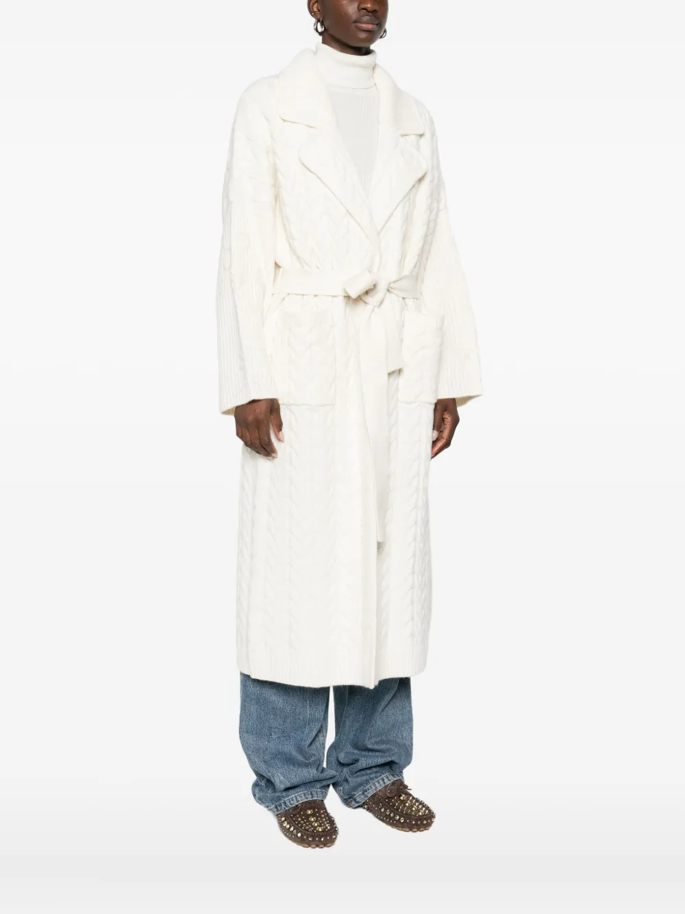 Ermanno Firenze Cable-knit Belted Cardi-coat In Neutral