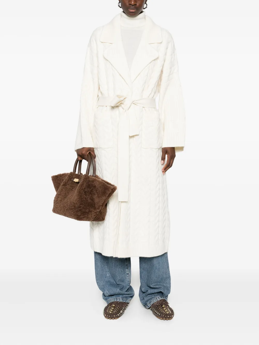 ERMANNO FIRENZE cable-knit belted cardi-coat - Beige