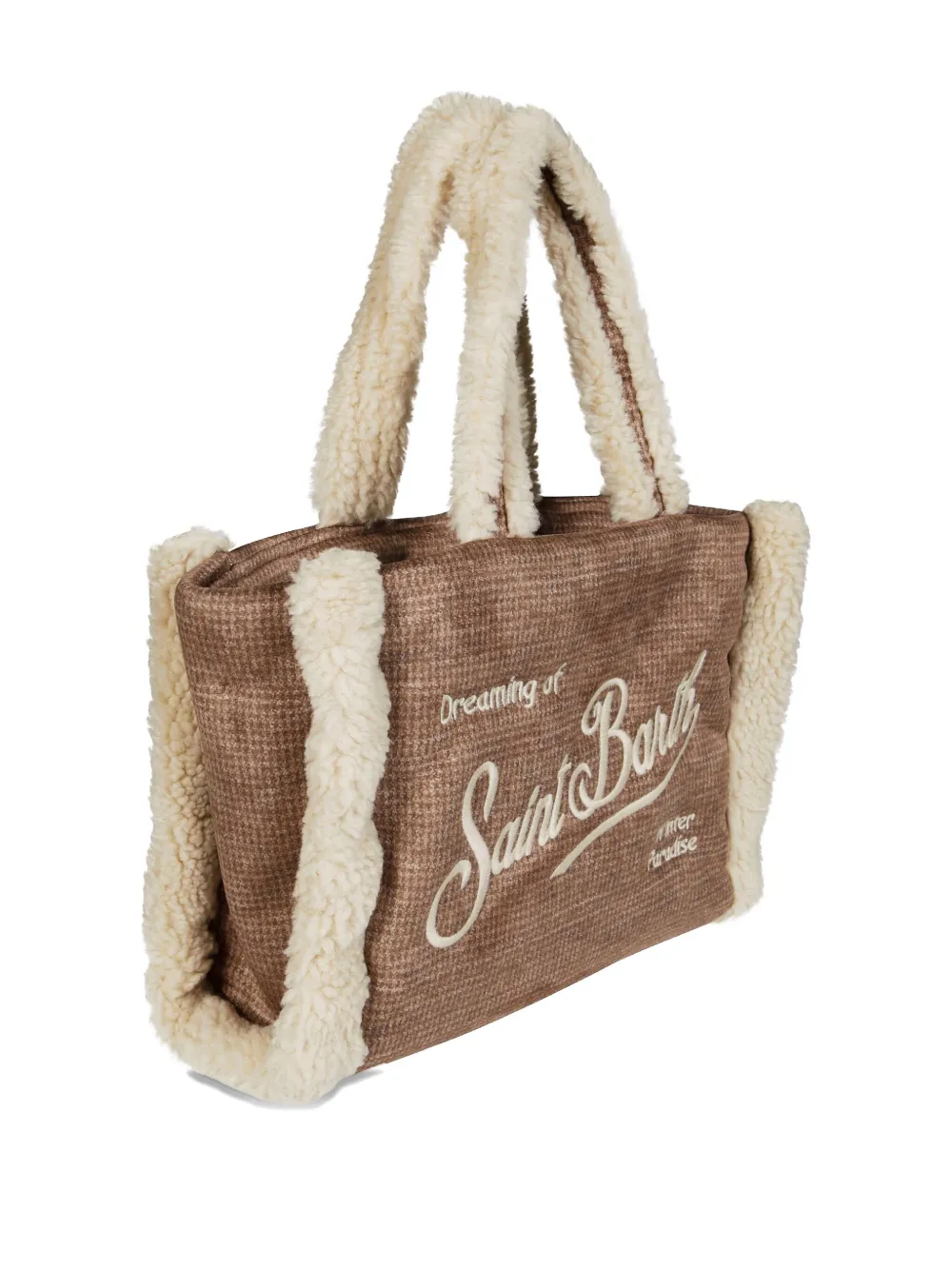 Mc2 Saint Barth Colette Shearling-trim Knitted Tote Bag In Brown