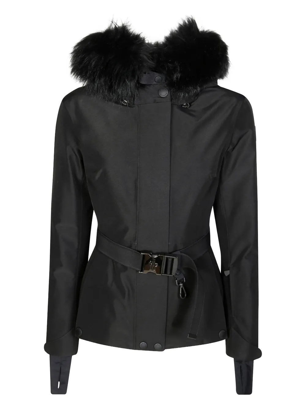 Moncler Fur Hooded Belted Laplance Ski Jacket In Black